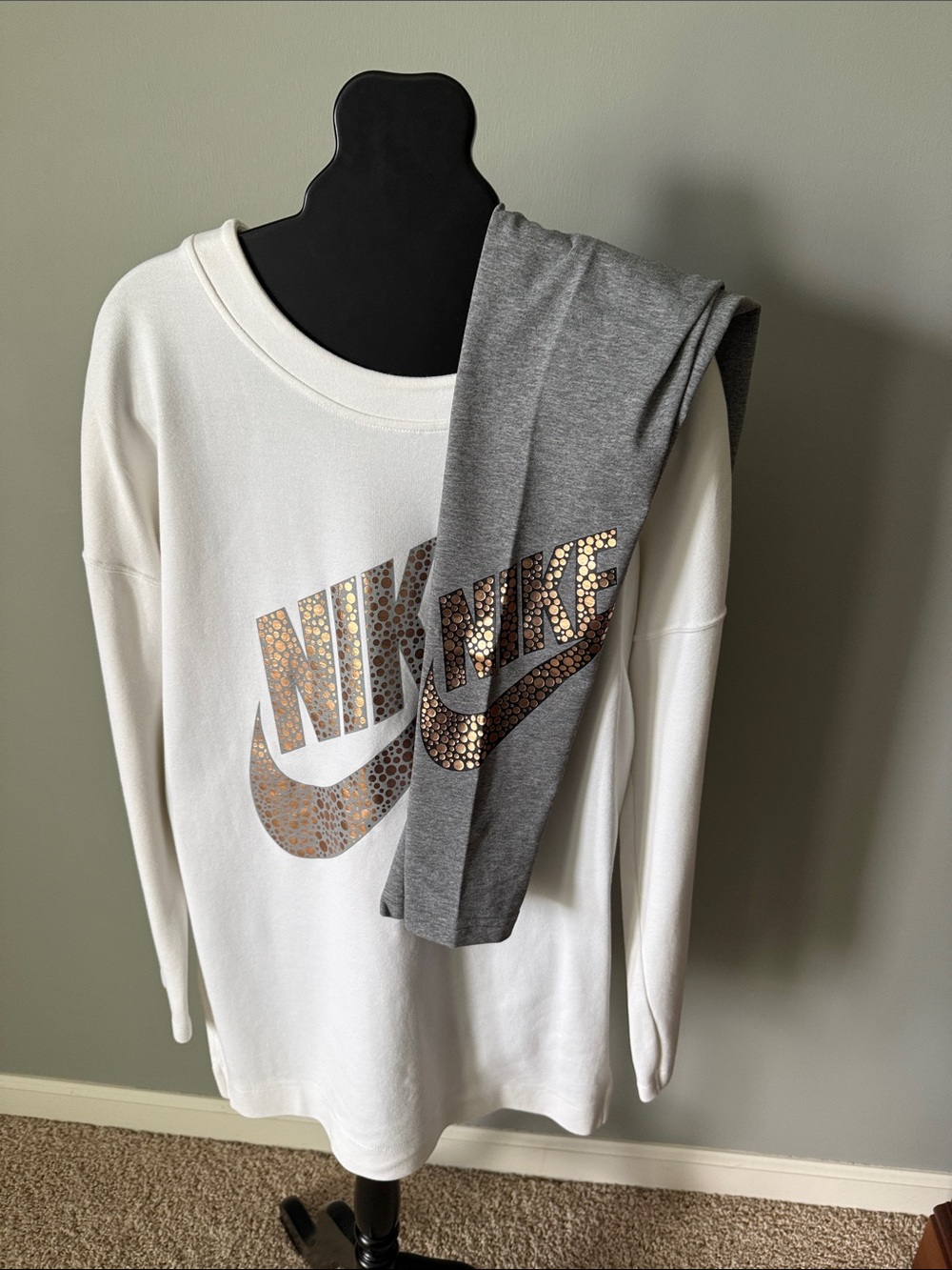 Nike Cream Sweatshirt and Leggings Set with Copper Metallic Logo